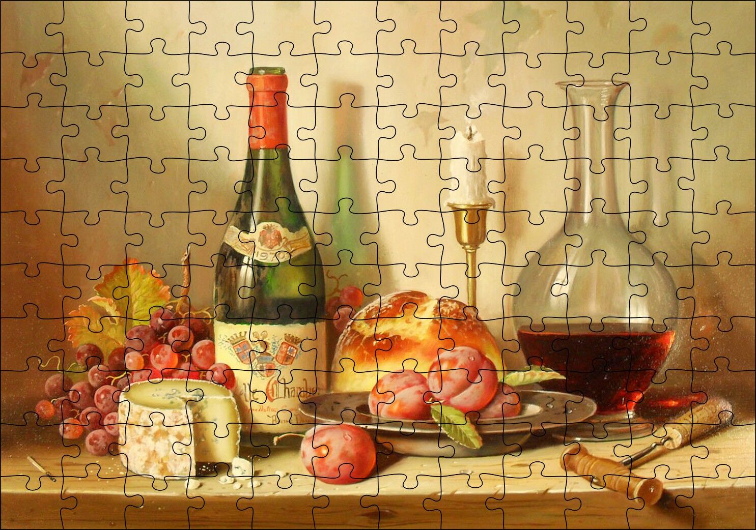 Şarap Peynir Ekmek ve Taze Meyveler Puzzle Yapboz MDF Ahşap 120 Parça 24 cm X 34 cm