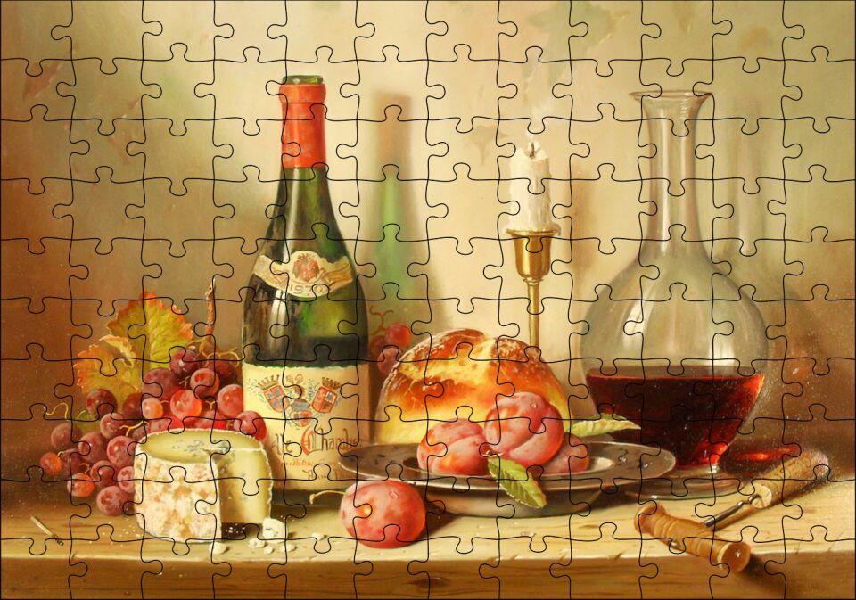 Şarap Peynir Ekmek ve Taze Meyveler Puzzle Yapboz MDF Ahşap 120 Parça 24 cm X 34 cm