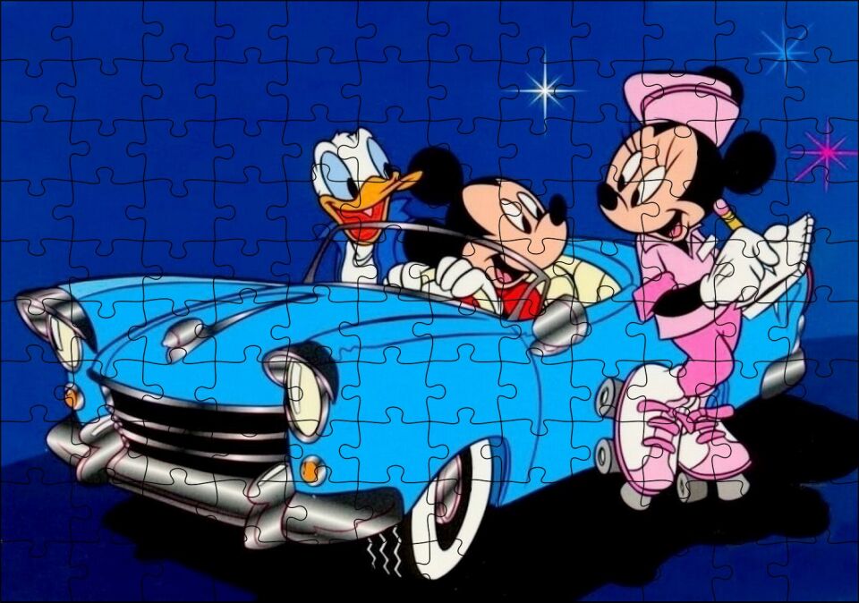 Mickey Mouse Minnie Mouse ve Donald Duck Otomobil Puzzle Yapboz MDF Ahşap