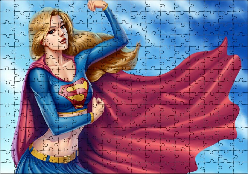 Pelerinli Güçlü Süper Kız Görseli Puzzle Yapboz MDF Ahşap 255 Parça 34 cm X 49 cm