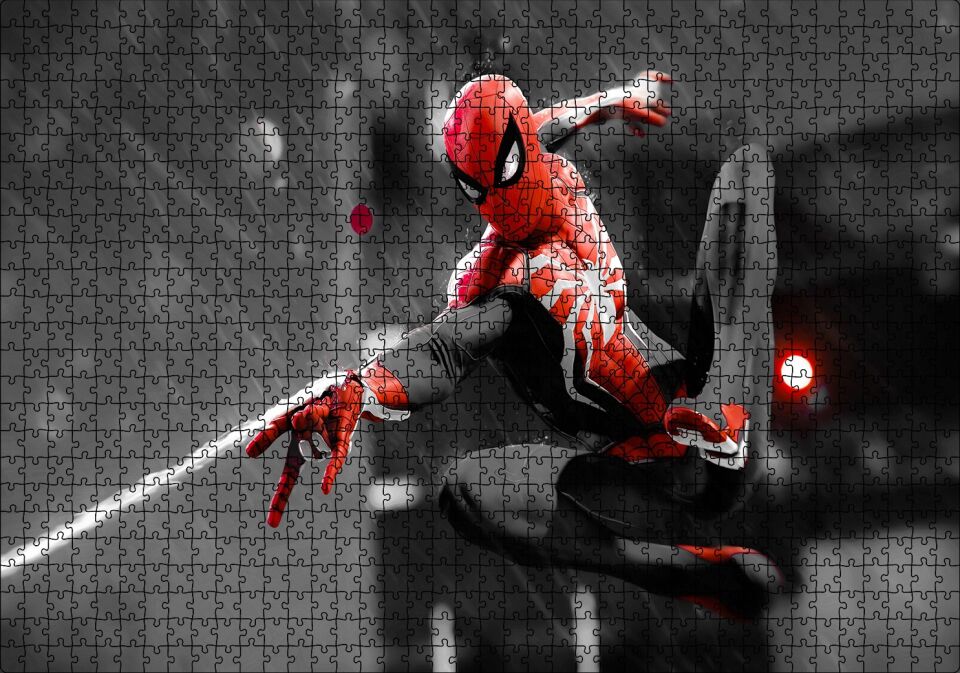 Siyah Kırmızı Kostümlü Spider Man Puzzle Yapboz MDF Ahşap 1000 Parça 49 cm X 68 cm