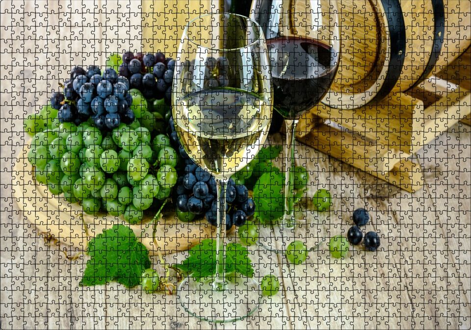 Beyaz Kırmızı Şarap Üzüm Şarap Küpü Görseli Puzzle Yapboz MDF Ahşap 1000 Parça 49 cm X 68 cm