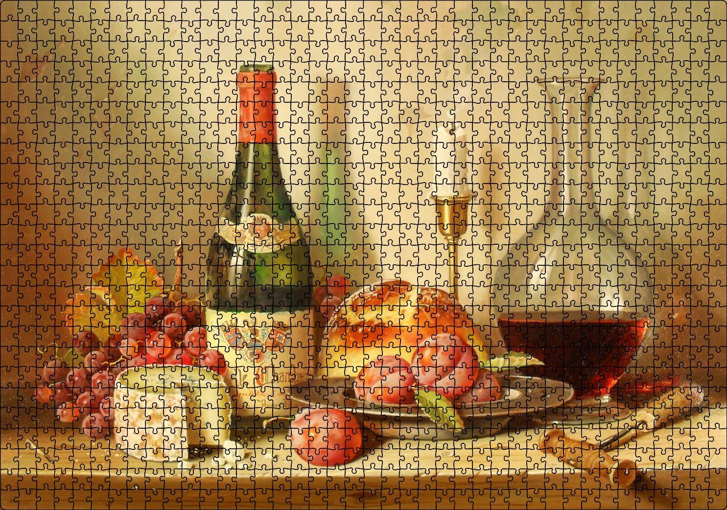 Şarap Peynir Ekmek ve Taze Meyveler Puzzle Yapboz MDF Ahşap 1000 Parça 49 cm X 68 cm