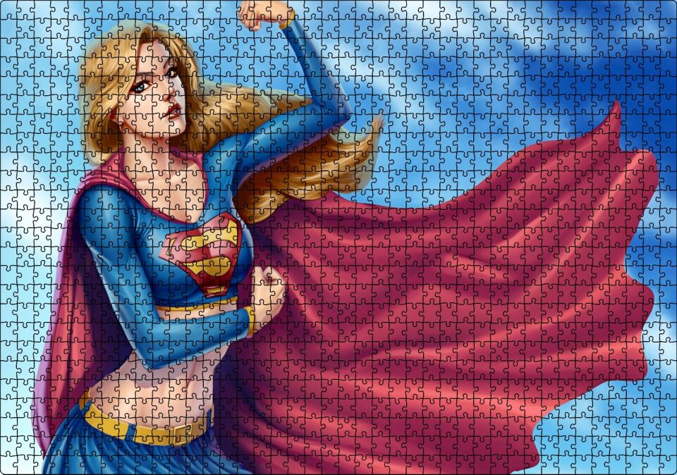 Pelerinli Güçlü Süper Kız Görseli Puzzle Yapboz MDF Ahşap 1000 Parça 49 cm X 68 cm
