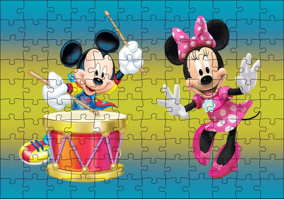 Mickey Mouse Ve Davullu Minnie Mouse Puzzle Yapboz MDF Ahşap