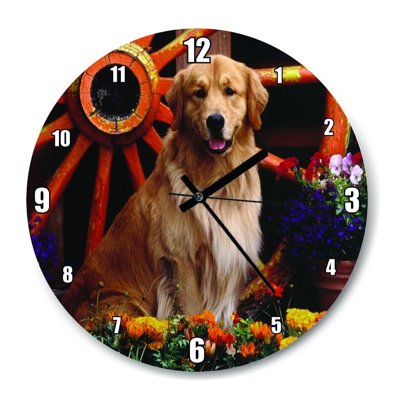 Çiçekler Köpek  Mdf Ahşap Duvar Saati 50 cm Çap