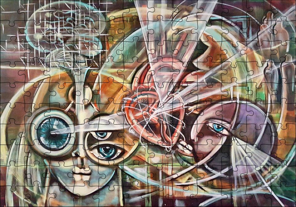 Kalp ve Yüzler Soyut Kompozisyon Puzzle Yapboz MDF Ahşap