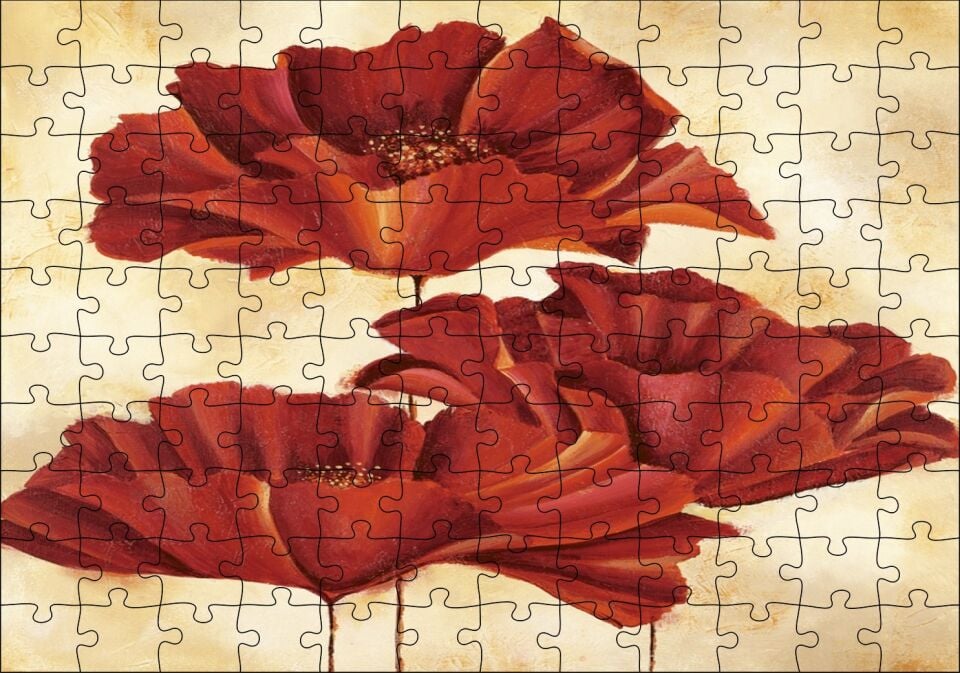 Sarı Zeminde Üç Kırmızı Gelincik Puzzle Yapboz MDF Ahşap 120 Parça 24 cm X 34 cm