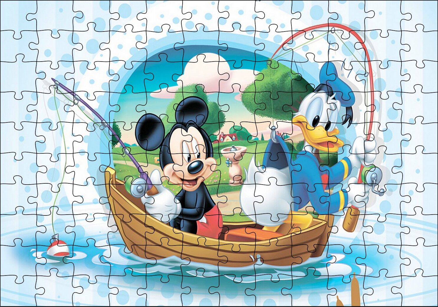 Mickey Mouse ve Donald Duck Tekne ile Balık Tutma Puzzle Yapboz MDF Ahşap