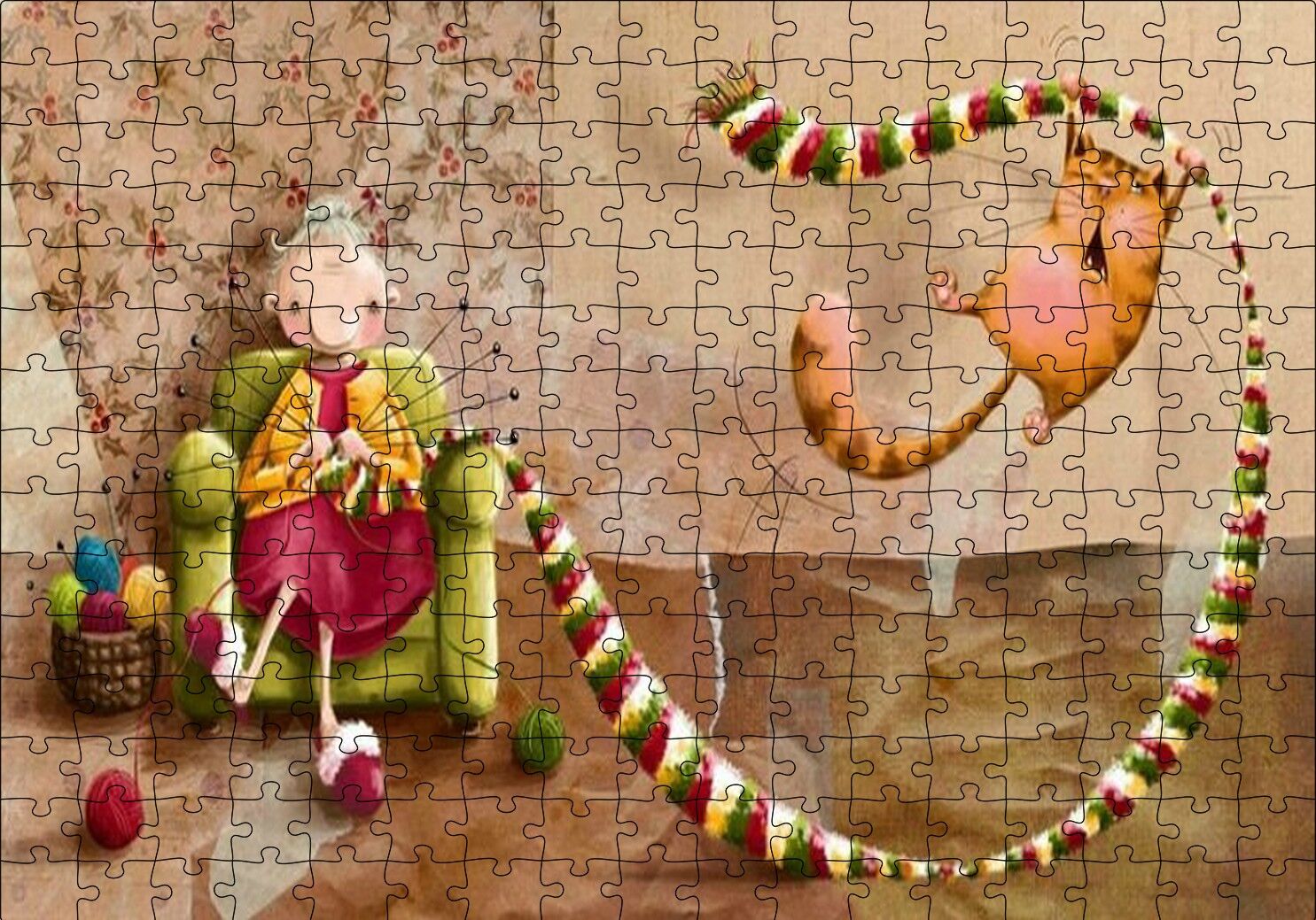 Atkı Ören Yaşlı Kadın ve Oynayan Kedisi Puzzle Yapboz MDF Ahşap 255 Parça 34 cm X 49 cm