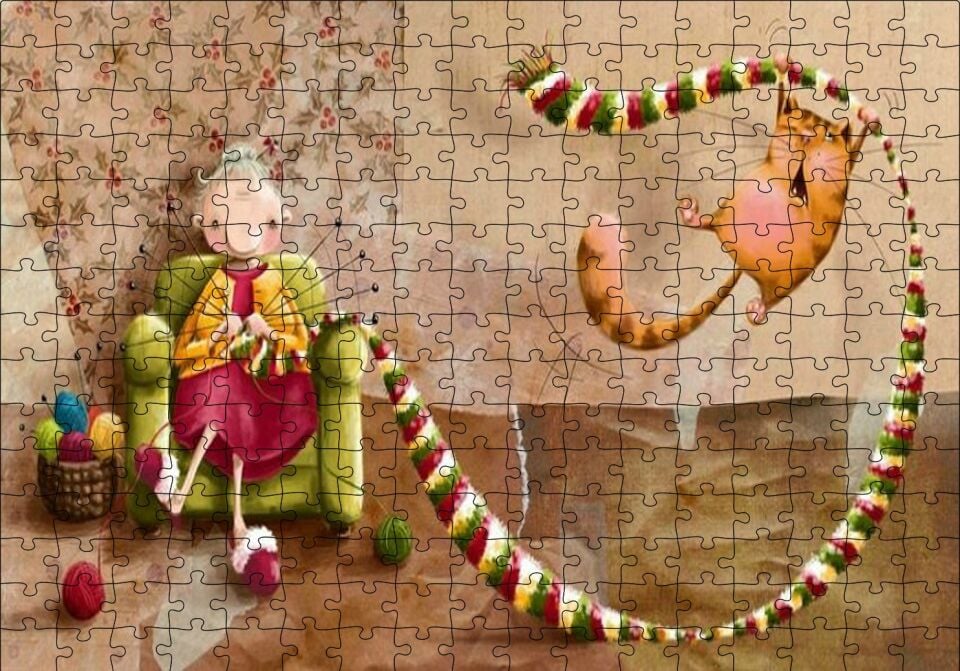 Atkı Ören Yaşlı Kadın ve Oynayan Kedisi Puzzle Yapboz MDF Ahşap 255 Parça 34 cm X 49 cm