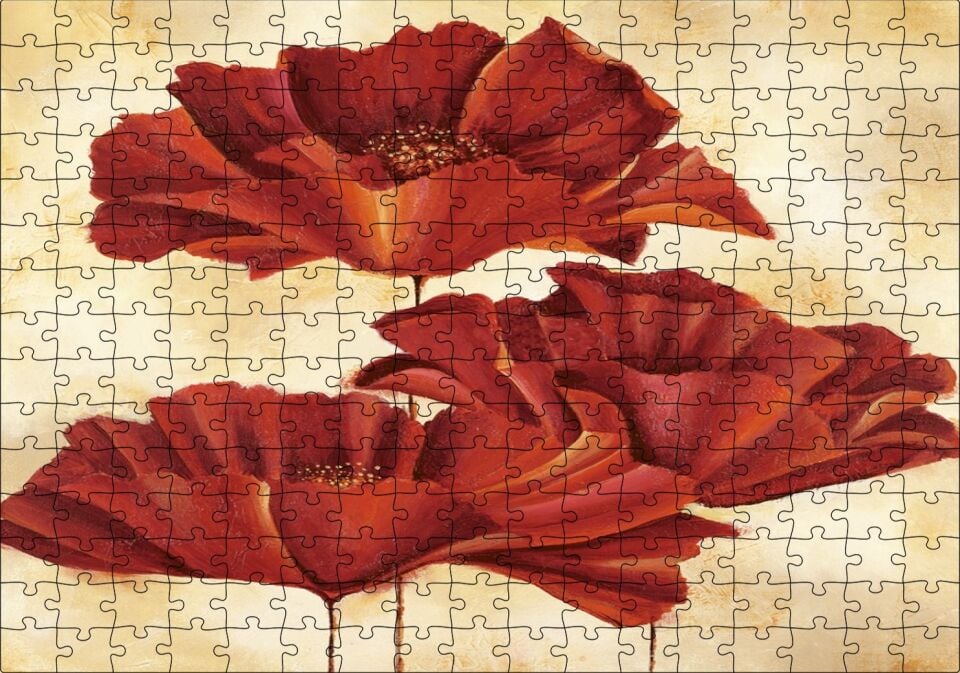 Sarı Zeminde Üç Kırmızı Gelincik Puzzle Yapboz MDF Ahşap 255 Parça 34 cm X 49 cm