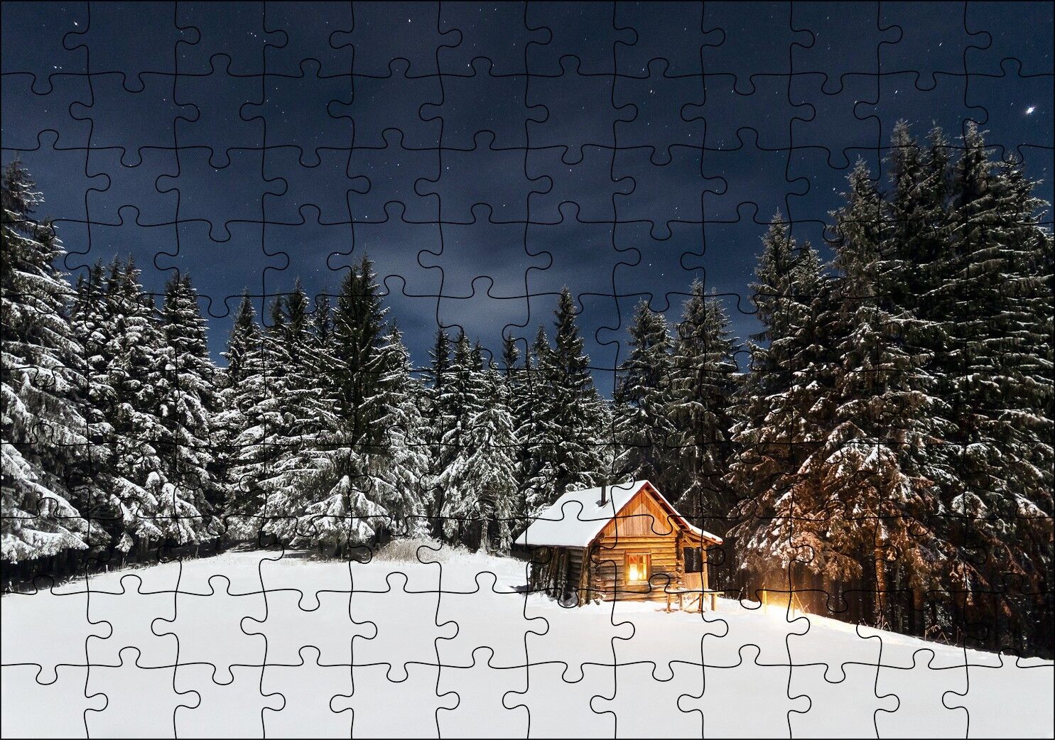 Karlı Ağaçlar Açık Gökyüzü ve Orman Kulübesi Puzzle Yapboz MDF Ahşap