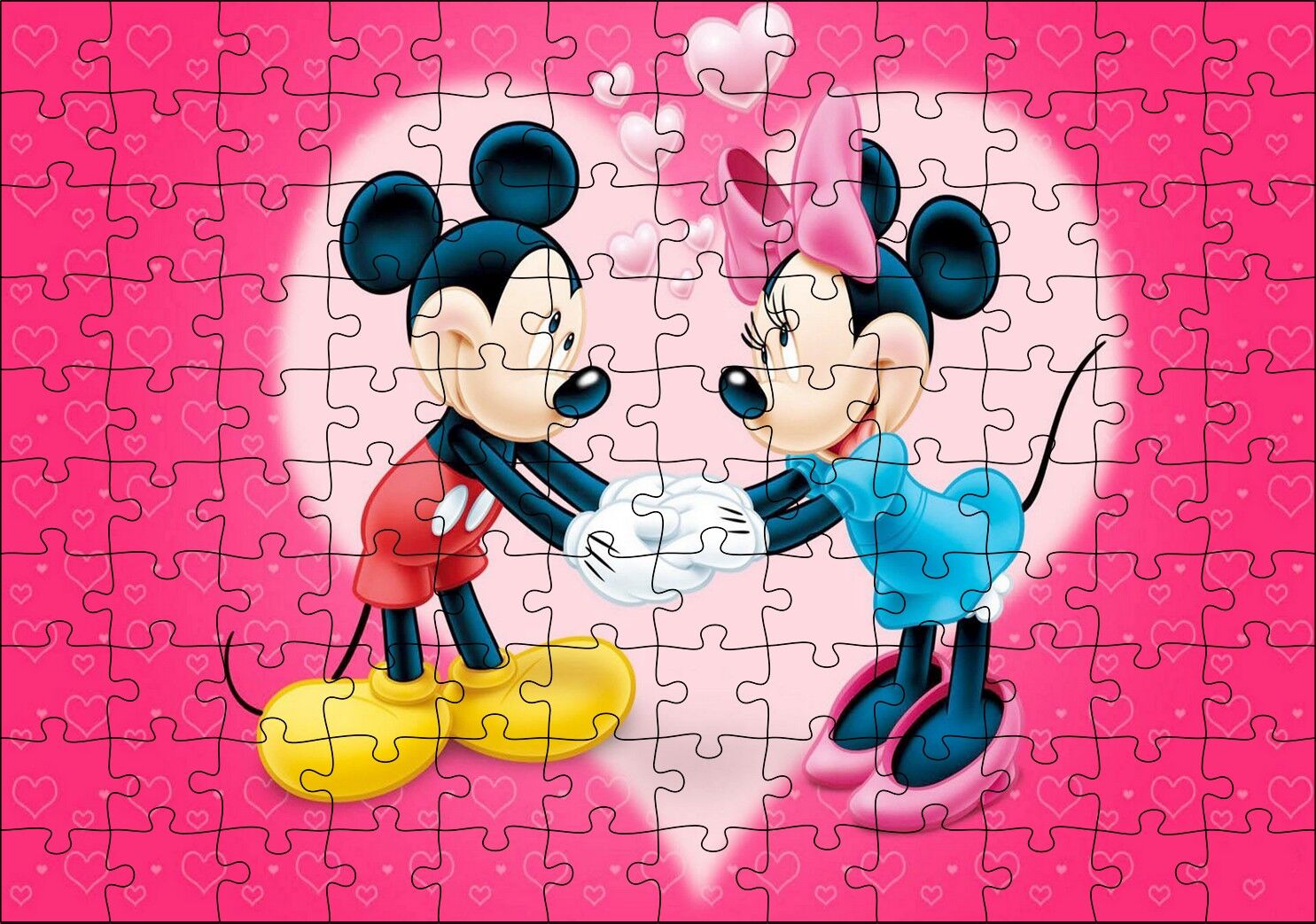 Mickey ve Minnie Mouse Aşk Çifti Kırmızı Kalpli Puzzle Yapboz MDF Ahşap