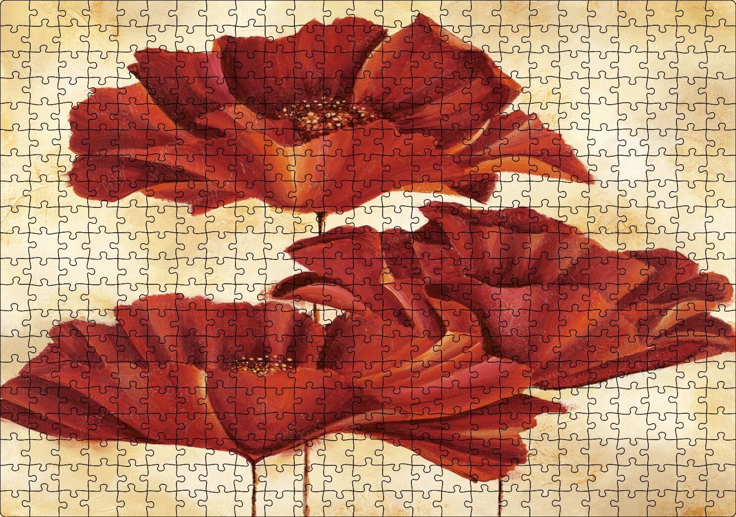 Sarı Zeminde Üç Kırmızı Gelincik Puzzle Yapboz MDF Ahşap 500 Parça 49 cm X 68 cm