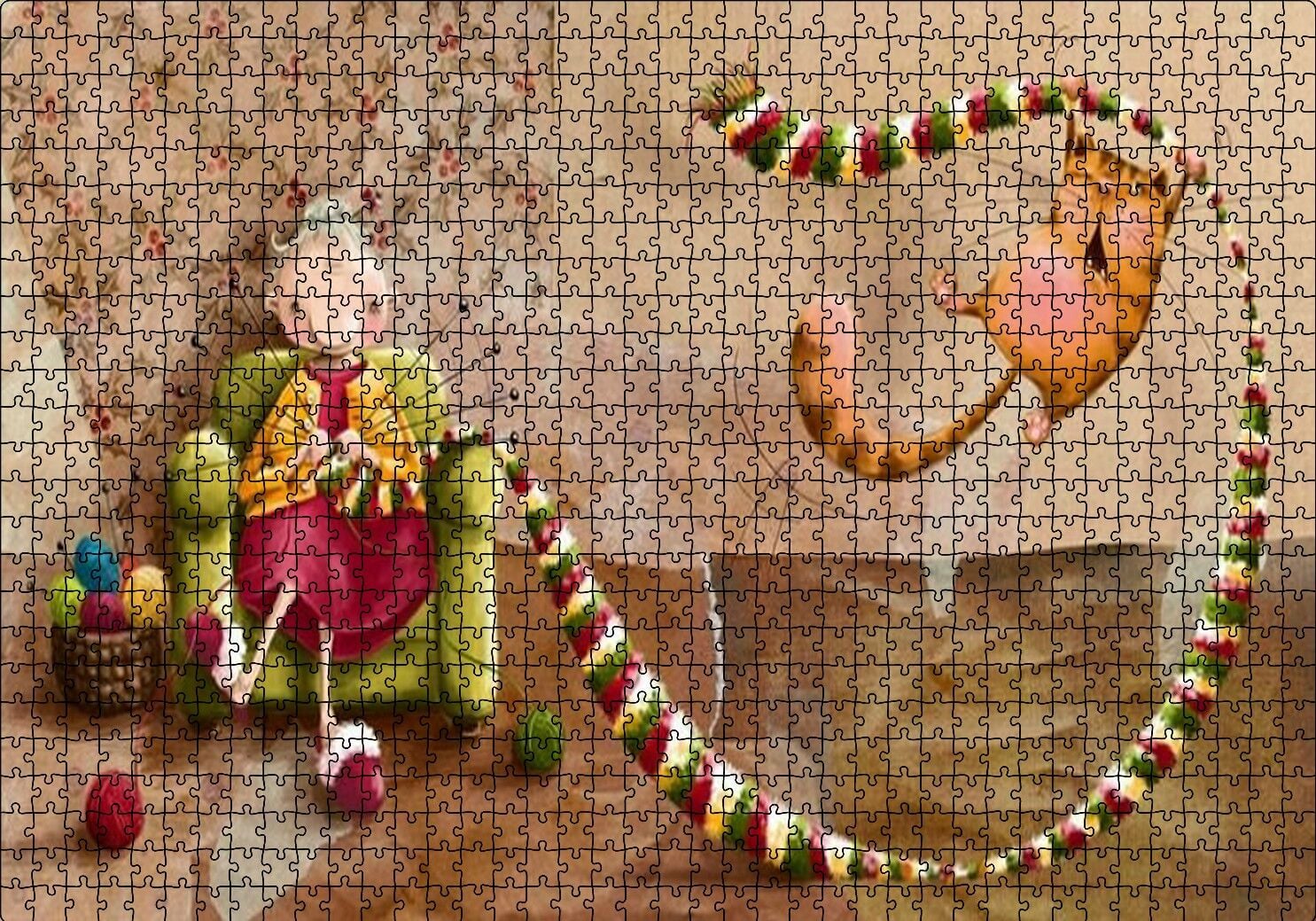 Atkı Ören Yaşlı Kadın ve Oynayan Kedisi Puzzle Yapboz MDF Ahşap 1000 Parça 49 cm X 68 cm