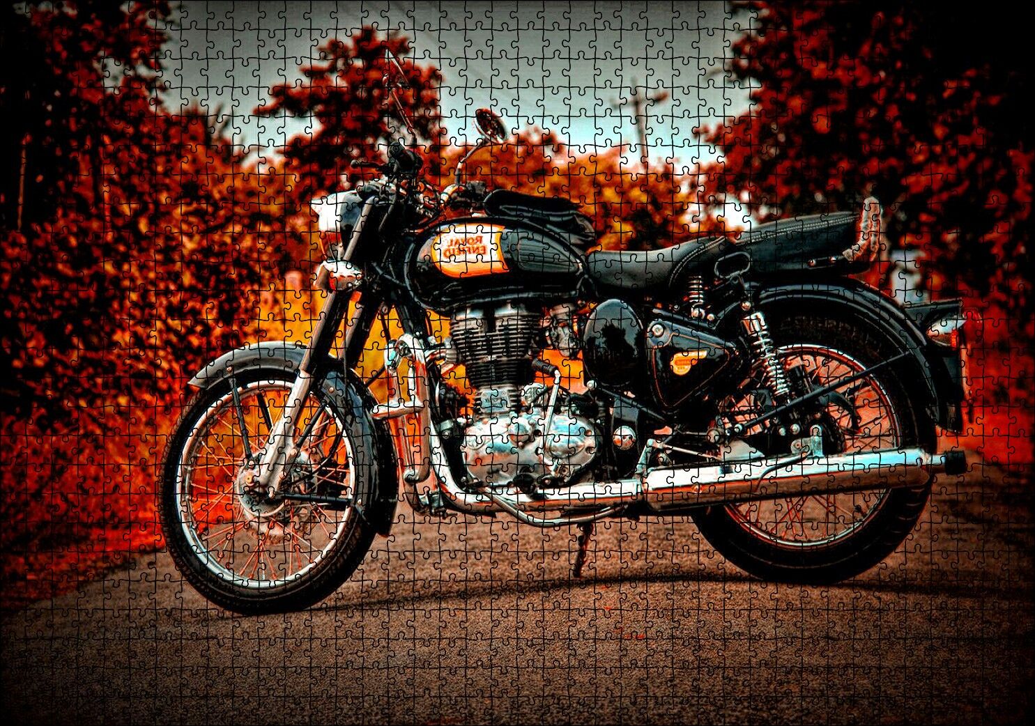 Siyah Motorsiklet ve Sonbahar Rengi Ağaçlar Puzzle Yapboz MDF Ahşap 1000 Parça 49 cm X 68 cm