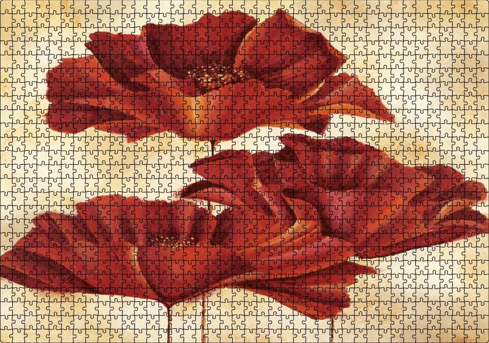 Sarı Zeminde Üç Kırmızı Gelincik Puzzle Yapboz MDF Ahşap 1000 Parça 49 cm X 68 cm