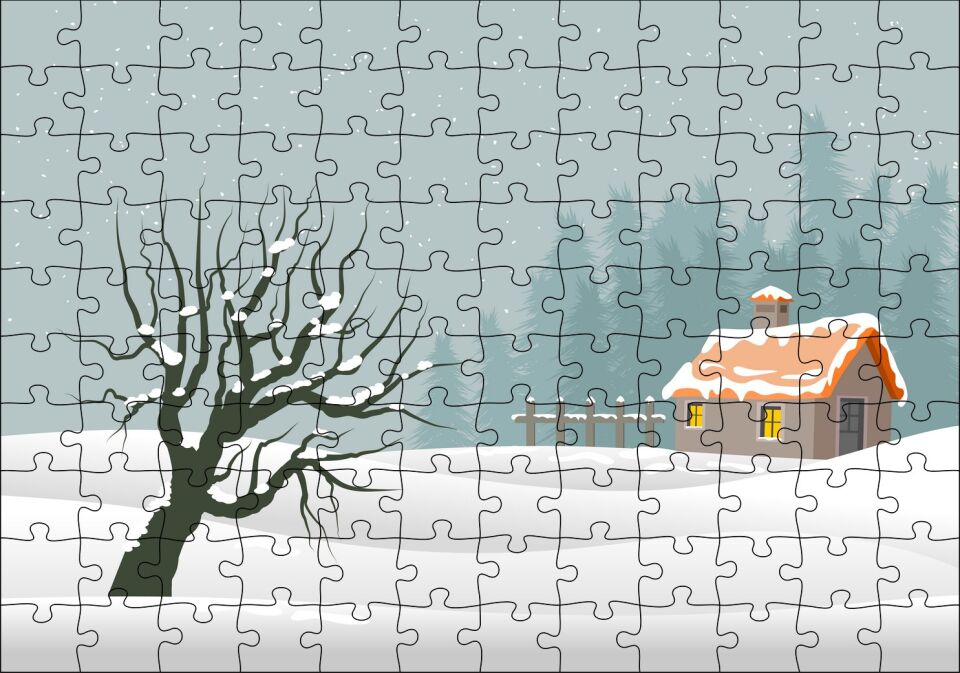 Karlı Tepeler Kuru Ağaç ve Şirin Kulübe Puzzle Yapboz MDF Ahşap