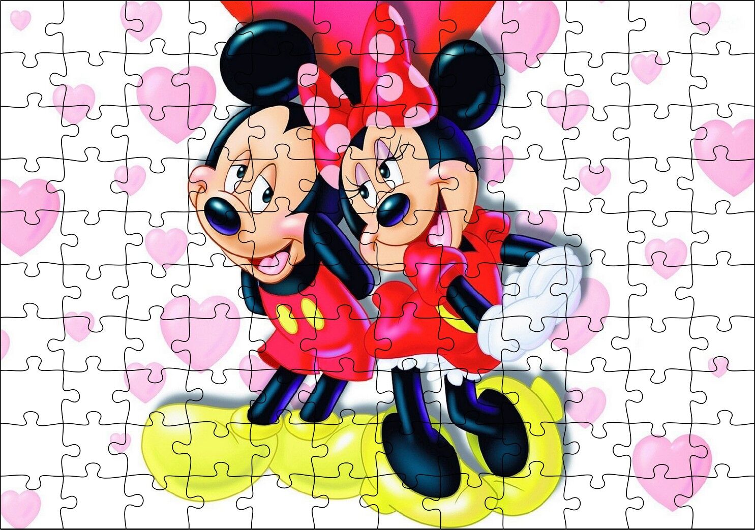 Mickey ve Minnie Mouse illüstrasyon Pembe Puzzle Yapboz MDF Ahşap
