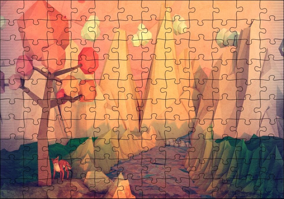Minimalizm Tilki Ağaç Dağlar Nehir Soyut Sanat Görseli Puzzle Yapboz MDF Ahşap