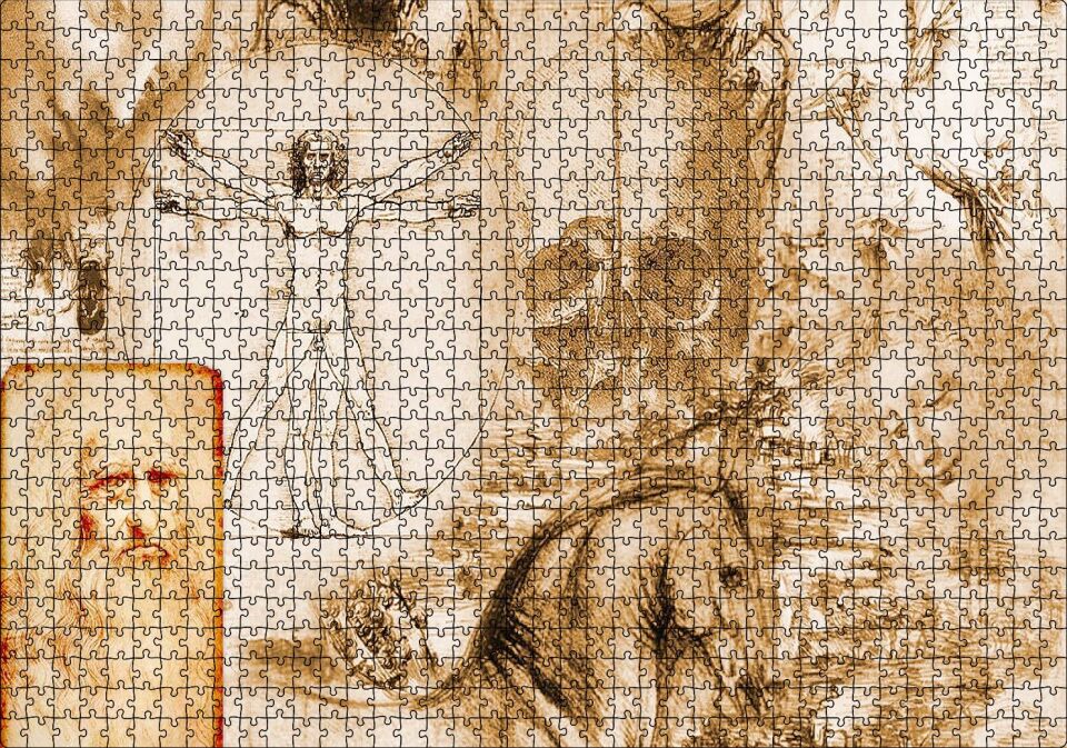 Ahşap Tabblo Leonardo Da Vinci Ve Eserleri Puzzle Yapboz MDF Ahşap 1000 Parça 49 cm X 68 cm