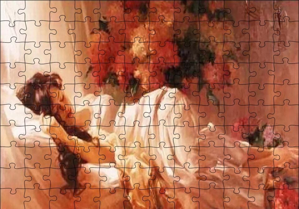 Beyaz Elbiseli Uyuyan Kadın Puzzle Yapboz MDF Ahşap 120 Parça 24 cm X 34 cm