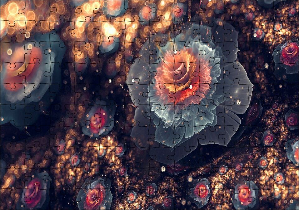 Beyaz Ve Turuncu Petaled Çiçekler Görseli Puzzle Yapboz MDF Ahşap 120 Parça 24 cm X 34 cm