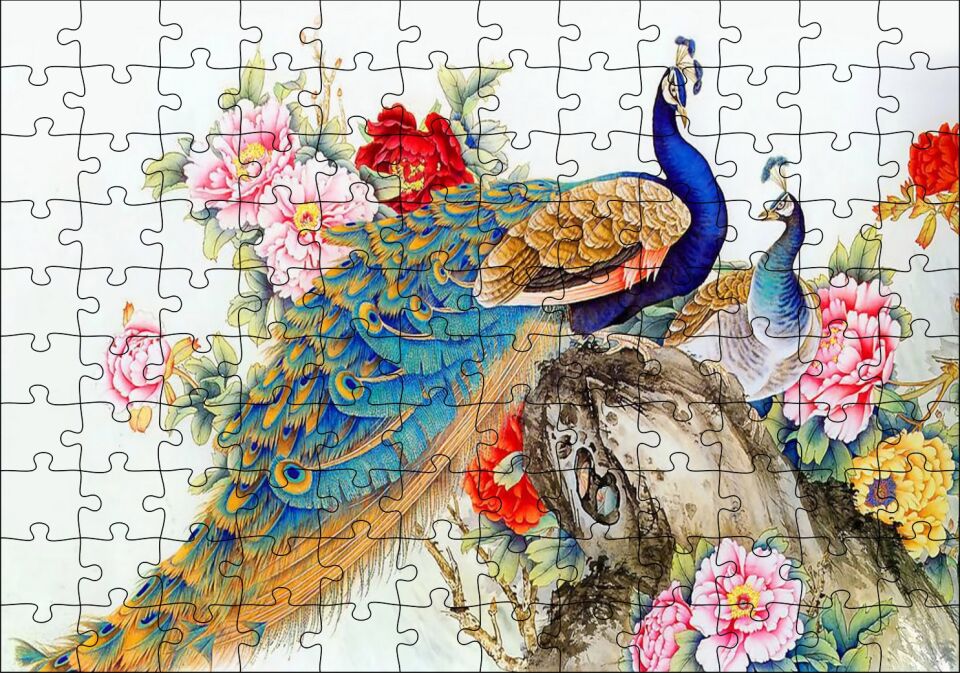Çift Tavuskuşiar Sanatsal Görsel Puzzle Yapboz MDF Ahşap 120 Parça 24 cm X 34 cm