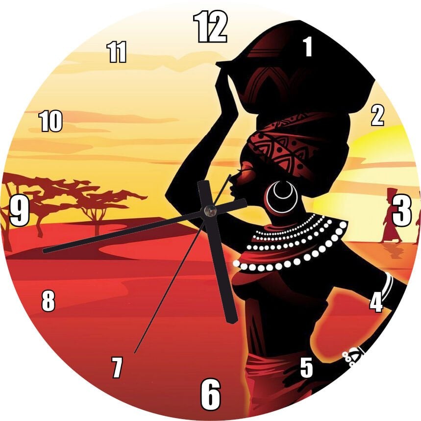 Su Taşıyan Afrikalı Kadın Günbatımı Arkaplan Görseli Mdf Ahşap Duvar Saati 30 cm Çap