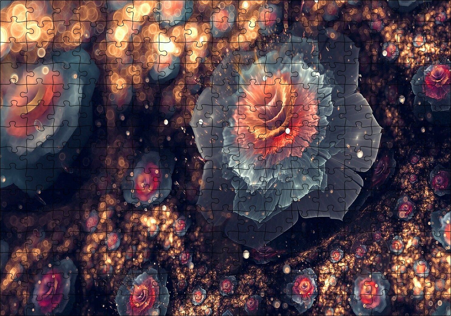 Beyaz Ve Turuncu Petaled Çiçekler Görseli Puzzle Yapboz MDF Ahşap 255 Parça 34 cm X 49 cm