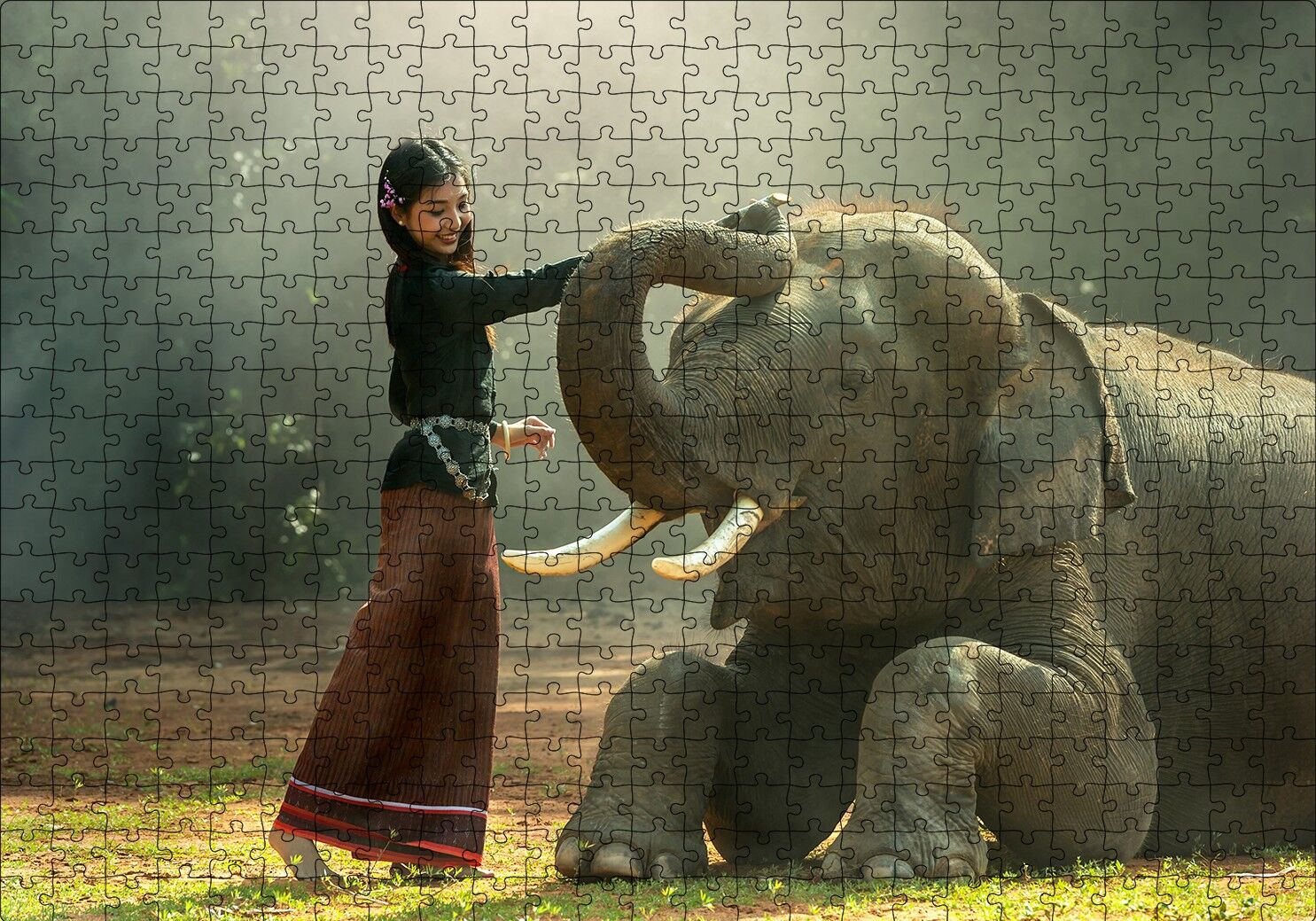 Çayırdaki Fil ve Onu Seven Kız Puzzle Yapboz MDF Ahşap 500 Parça 49 cm X 68 cm