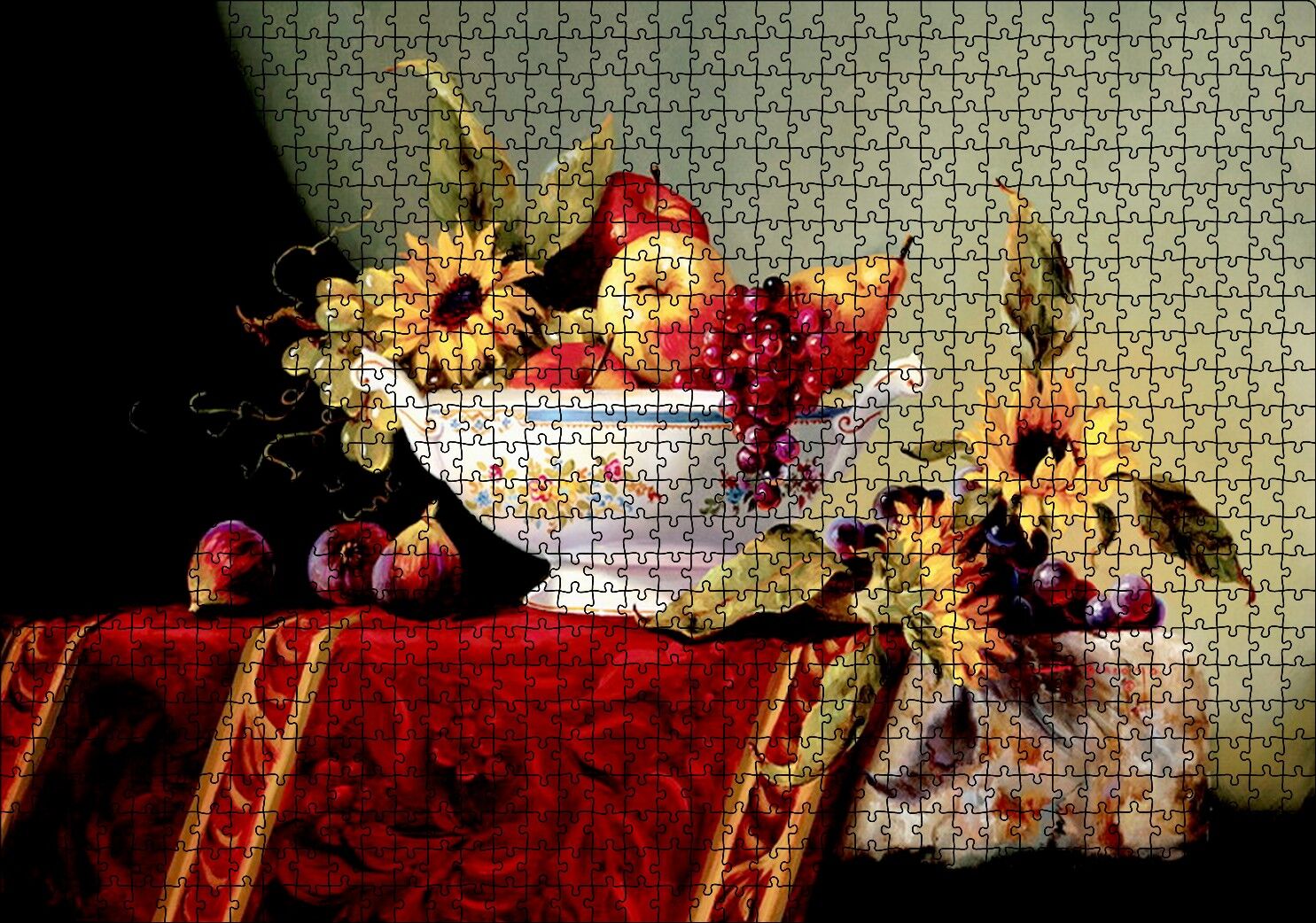 Seramik Tabakta Taze Meyveler ve Çiçekler Puzzle Yapboz MDF Ahşap 1000 Parça 49 cm X 68 cm