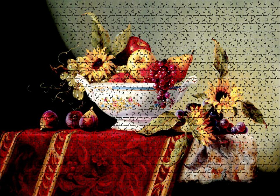 Seramik Tabakta Taze Meyveler ve Çiçekler Puzzle Yapboz MDF Ahşap 1000 Parça 49 cm X 68 cm