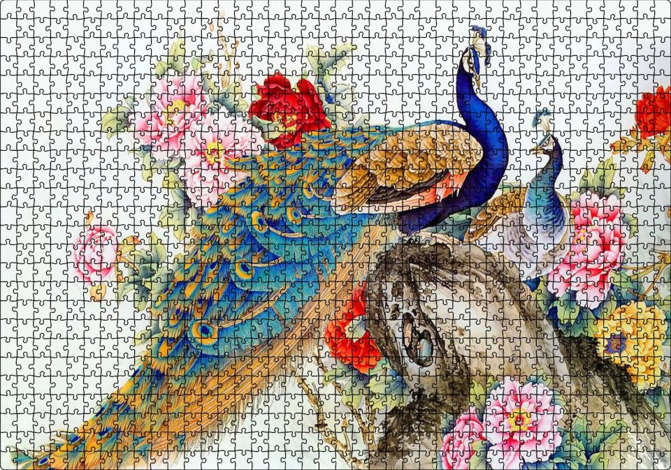 Çift Tavuskuşiar Sanatsal Görsel Puzzle Yapboz MDF Ahşap 1000 Parça 49 cm X 68 cm