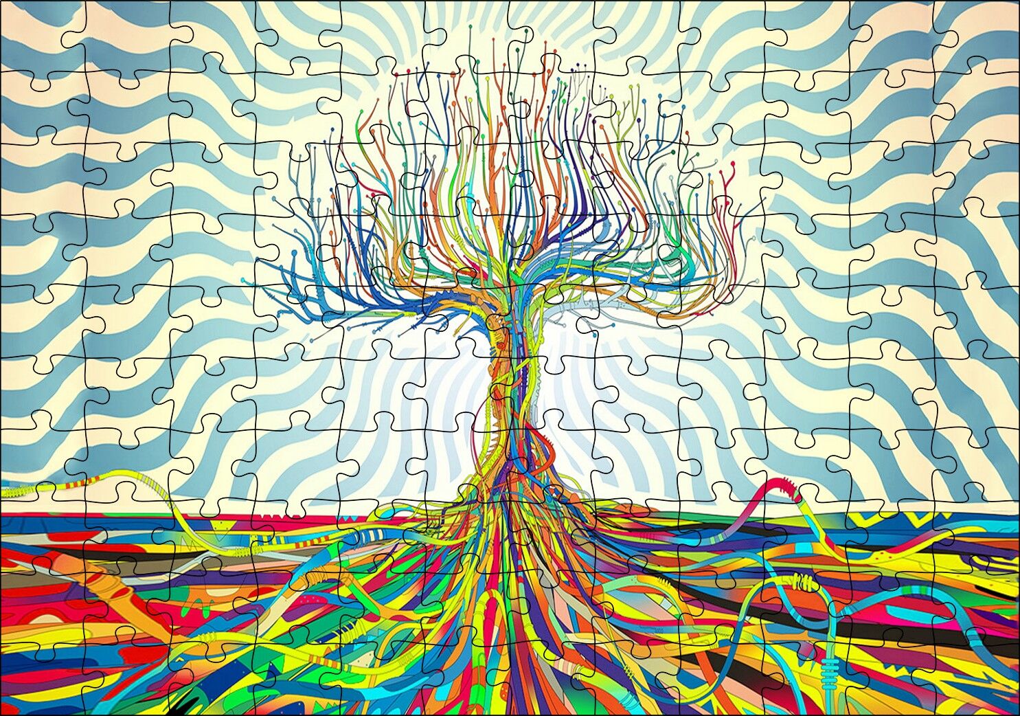 Bir Ağaç Oluşturan Renkli Teller Görseli Puzzle Yapboz MDF Ahşap 120 Parça 24 cm X 34 cm