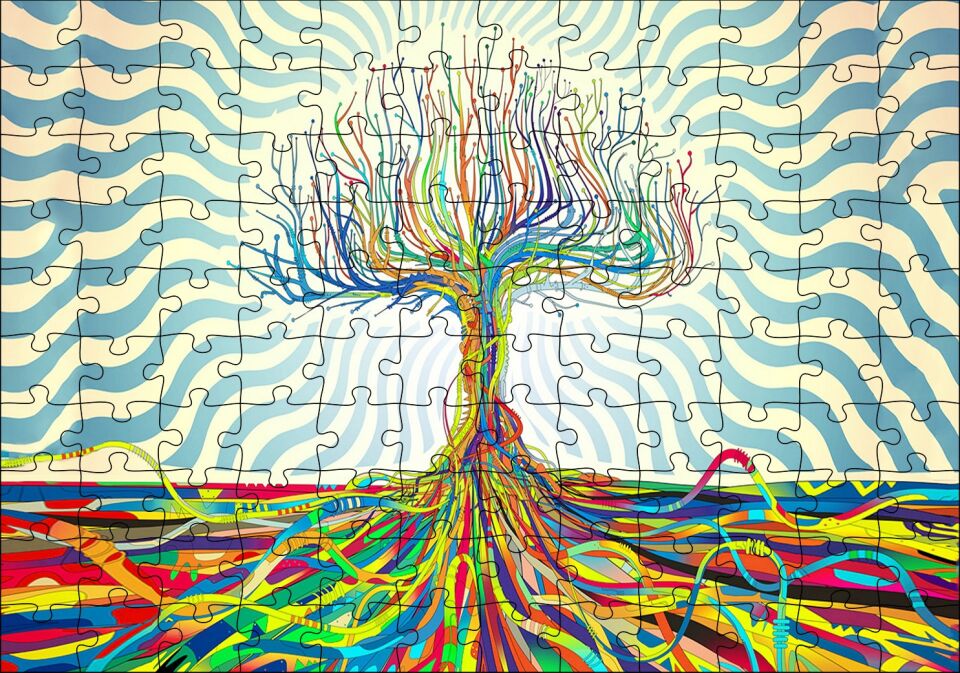 Bir Ağaç Oluşturan Renkli Teller Görseli Puzzle Yapboz MDF Ahşap 120 Parça 24 cm X 34 cm