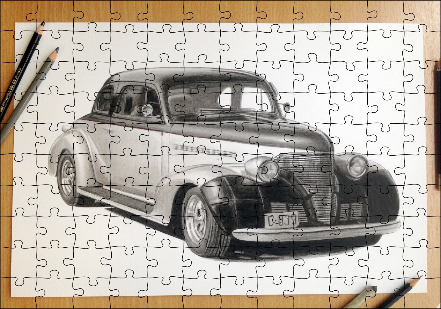 Kuru Boyayla Antika Araç Çizimi Puzzle Yapboz MDF Ahşap
