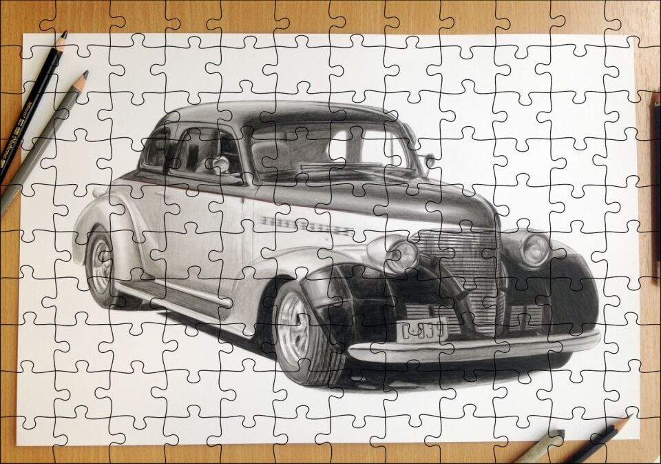 Kuru Boyayla Antika Araç Çizimi Puzzle Yapboz MDF Ahşap