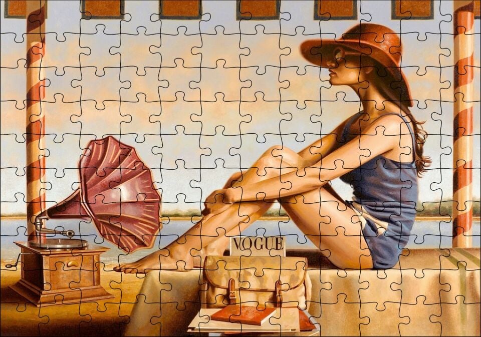 Lacivert Mayolu Kadın ve Gramofon Puzzle Yapboz MDF Ahşap