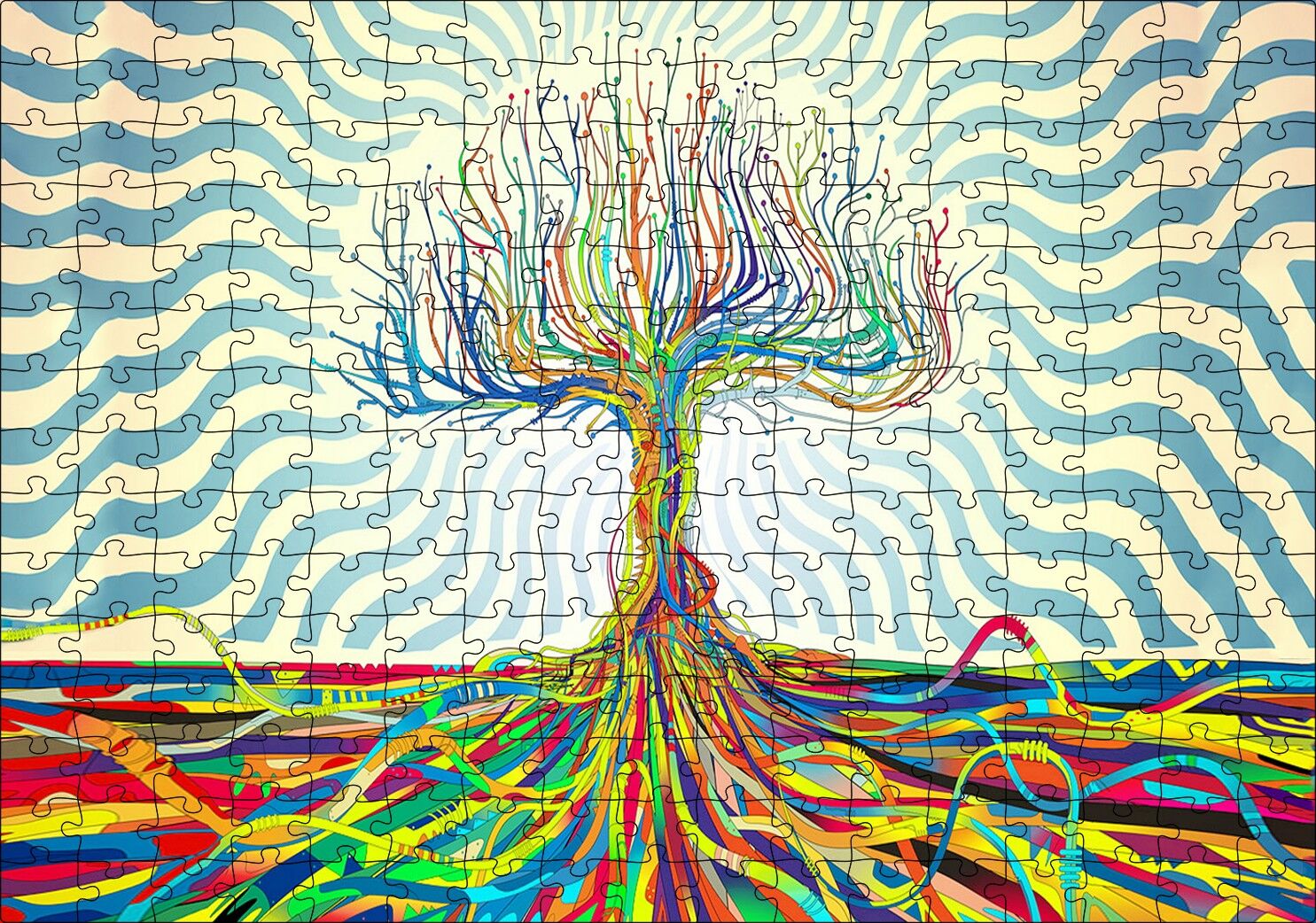 Bir Ağaç Oluşturan Renkli Teller Görseli Puzzle Yapboz MDF Ahşap 255 Parça 34 cm X 49 cm