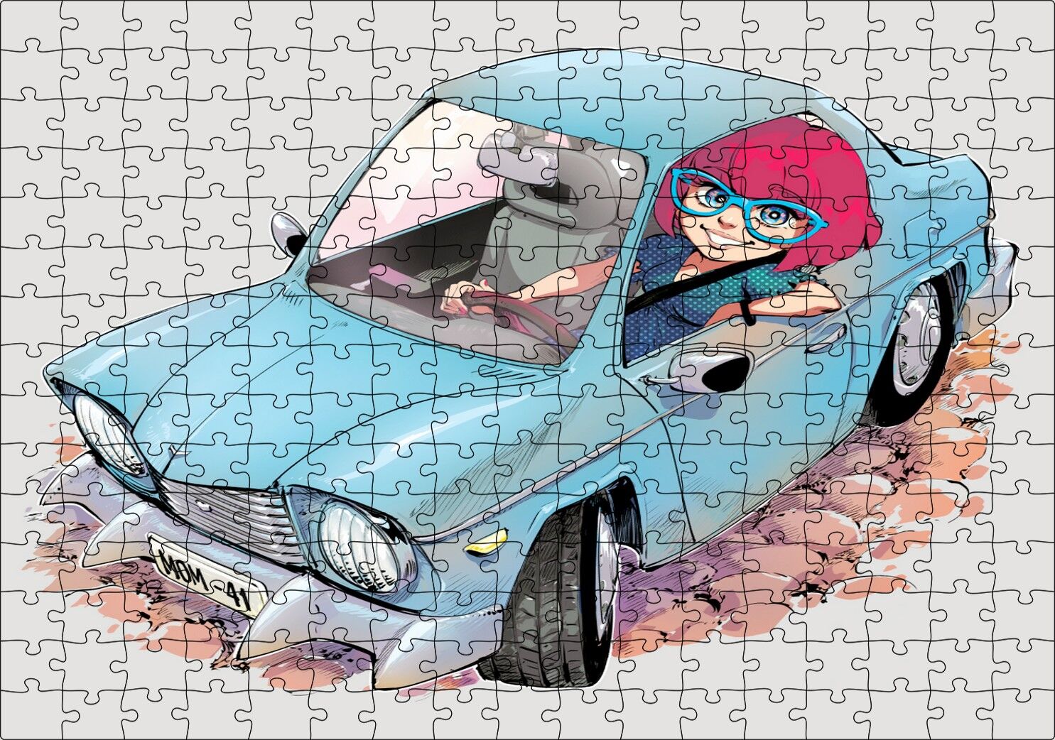 Sevimli Mavi Aracıyla Gözlüklü Anne Puzzle Yapboz MDF Ahşap 255 Parça 34 cm X 49 cm