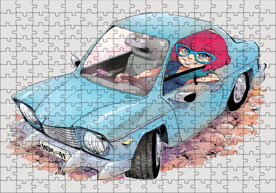 Sevimli Mavi Aracıyla Gözlüklü Anne Puzzle Yapboz MDF Ahşap 255 Parça 34 cm X 49 cm