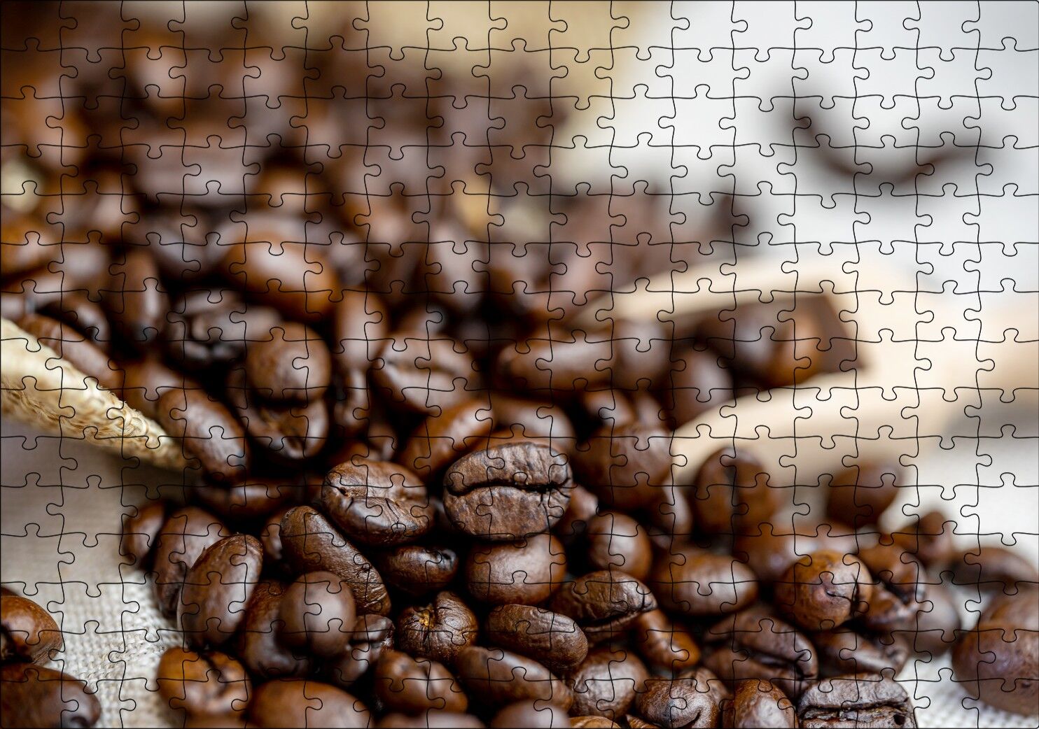 Keten Çuval Üzerinde Kahve Çekirdekleri Puzzle Yapboz MDF Ahşap 255 Parça 34 cm X 49 cm