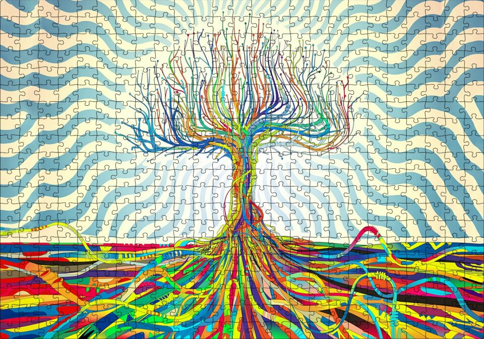 Bir Ağaç Oluşturan Renkli Teller Görseli Puzzle Yapboz MDF Ahşap 500 Parça 49 cm X 68 cm