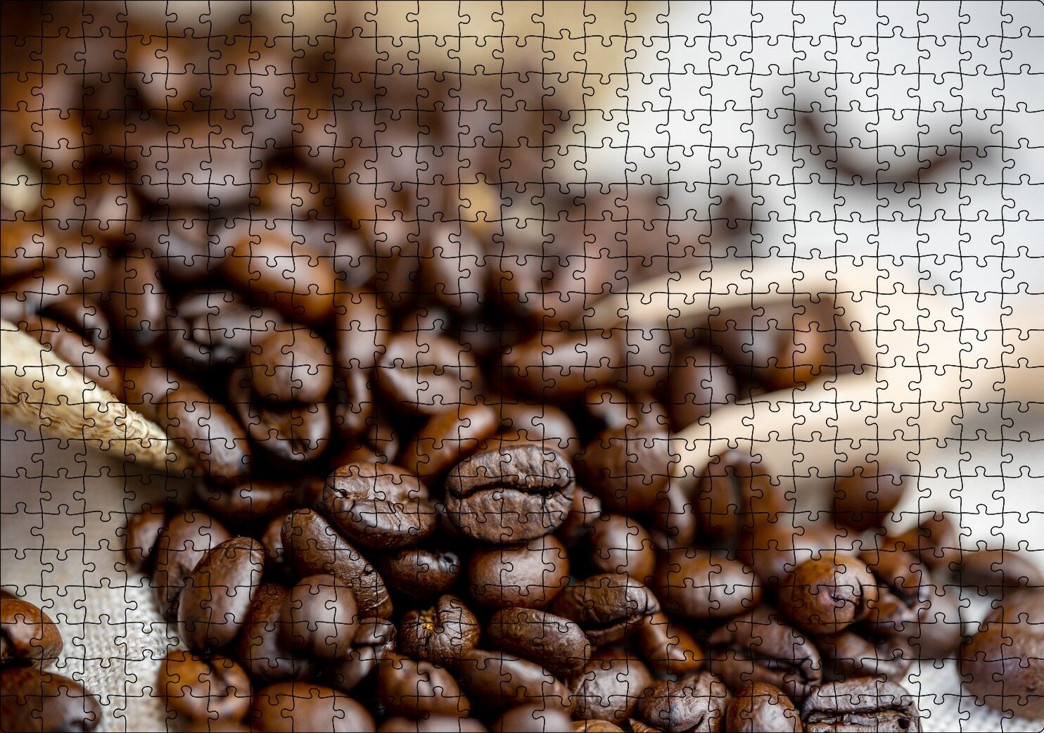 Keten Çuval Üzerinde Kahve Çekirdekleri Puzzle Yapboz MDF Ahşap 500 Parça 49 cm X 68 cm