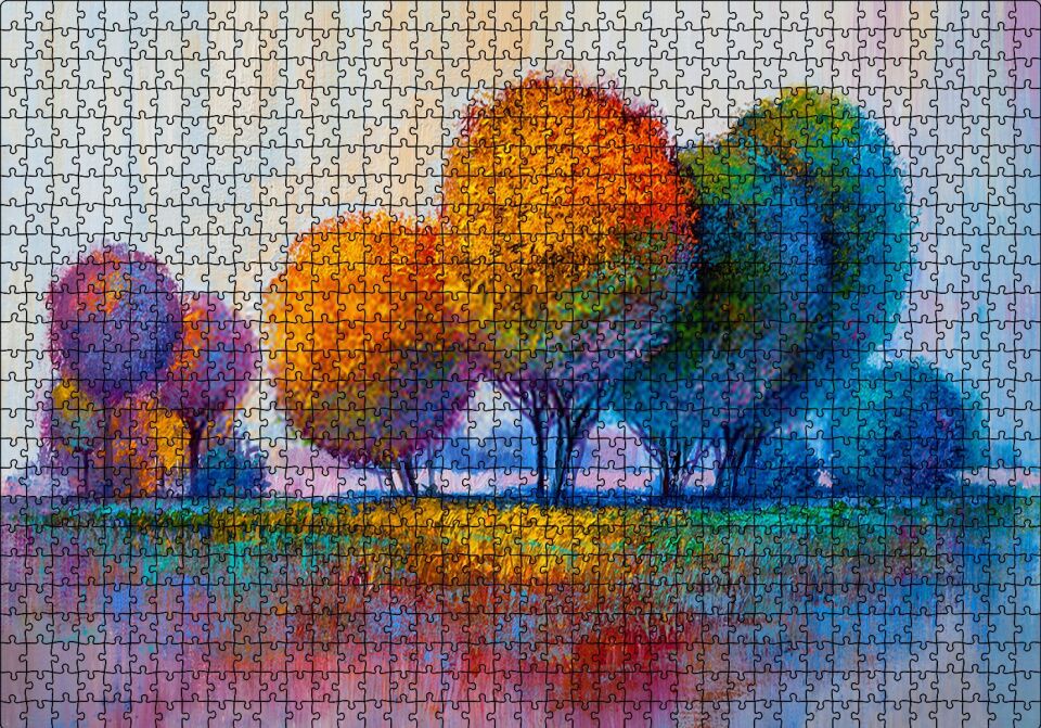 Modern Sanat Renkli Ağaç Doğa Görseli Puzzle Yapboz MDF Ahşap 1000 Parça 49 cm X 68 cm