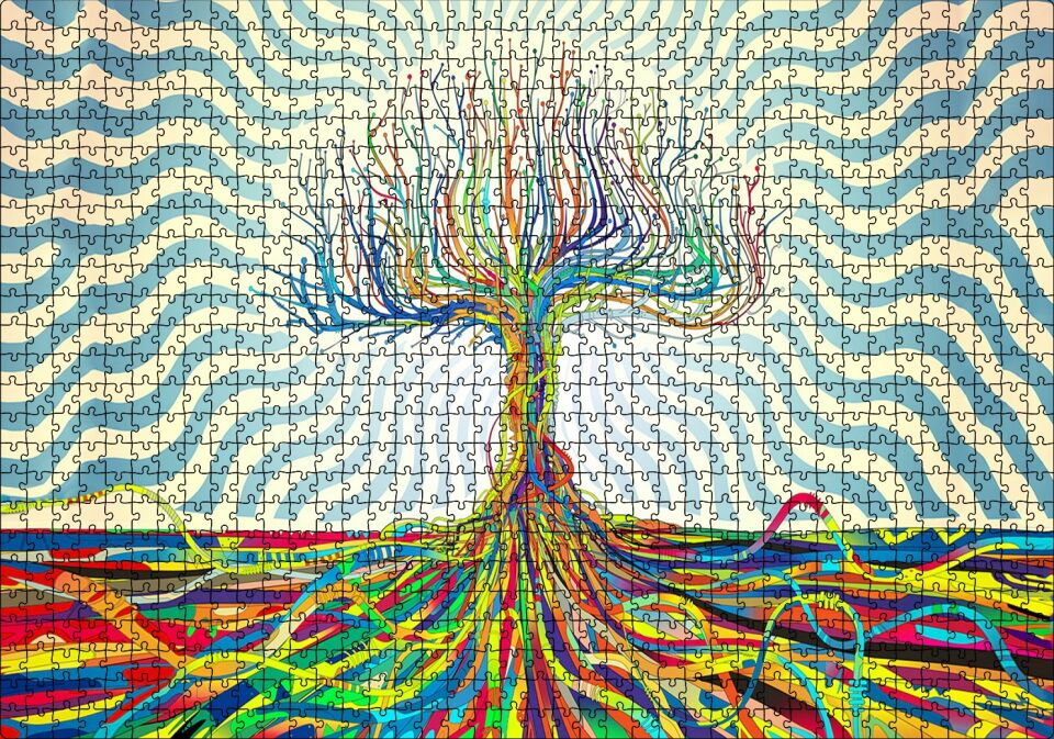 Bir Ağaç Oluşturan Renkli Teller Görseli Puzzle Yapboz MDF Ahşap 1000 Parça 49 cm X 68 cm