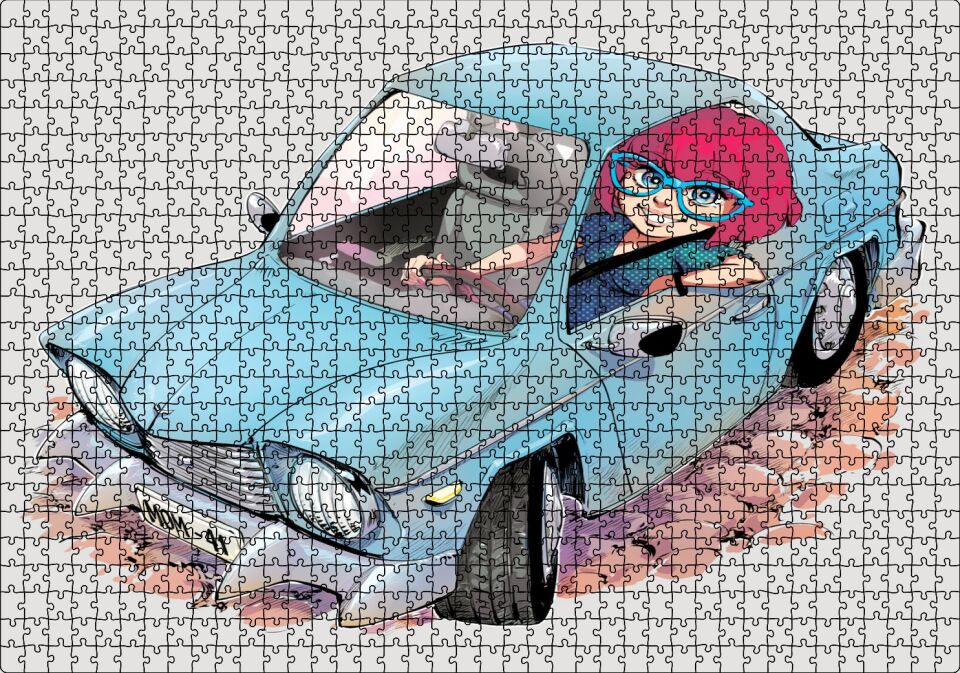 Sevimli Mavi Aracıyla Gözlüklü Anne Puzzle Yapboz MDF Ahşap 1000 Parça 49 cm X 68 cm
