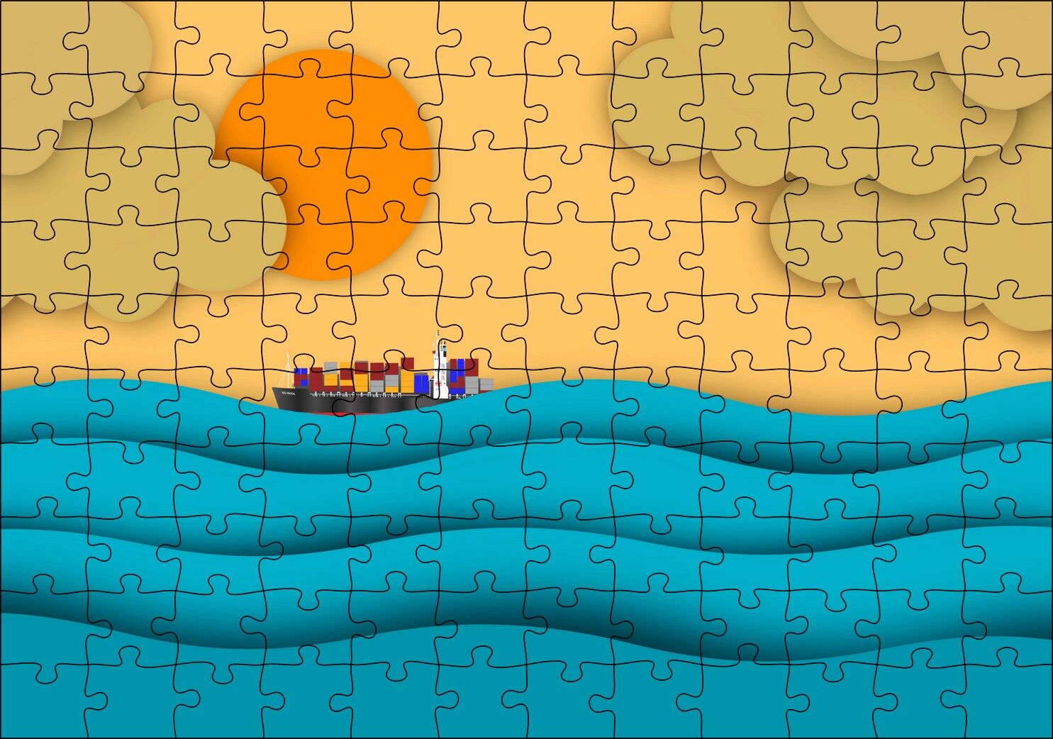 Mavi Dalgalar Yük Gemisi Güneş ve Bulutlar Puzzle Yapboz MDF Ahşap